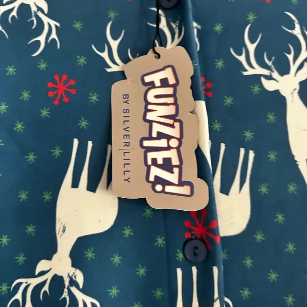 Funziez! Christmas Reindeers Pajama Adult Onesie Holiday Women SMALL Blue PJ NWT